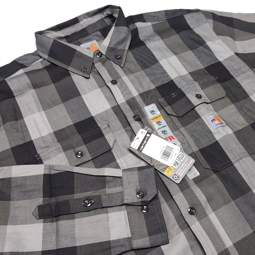 Carhartt FR‎ Button Shirt Mens 2XLT 2X Tall Gray Plaid Force Rugged Flex NEW NWT